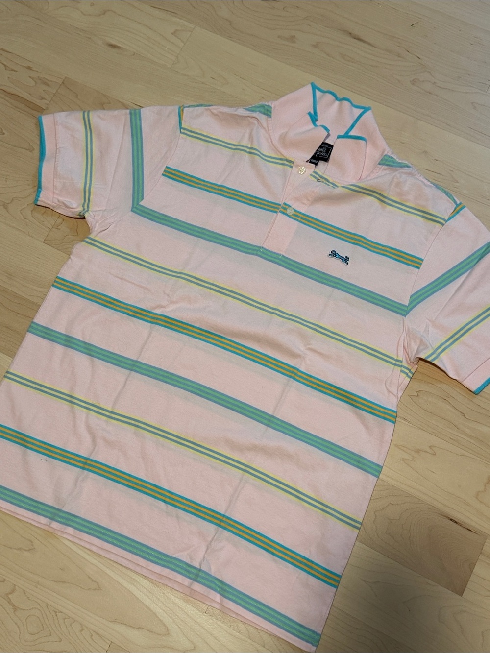 Le Tigre Pink Polo with Teal, Green and Yellow Stripes